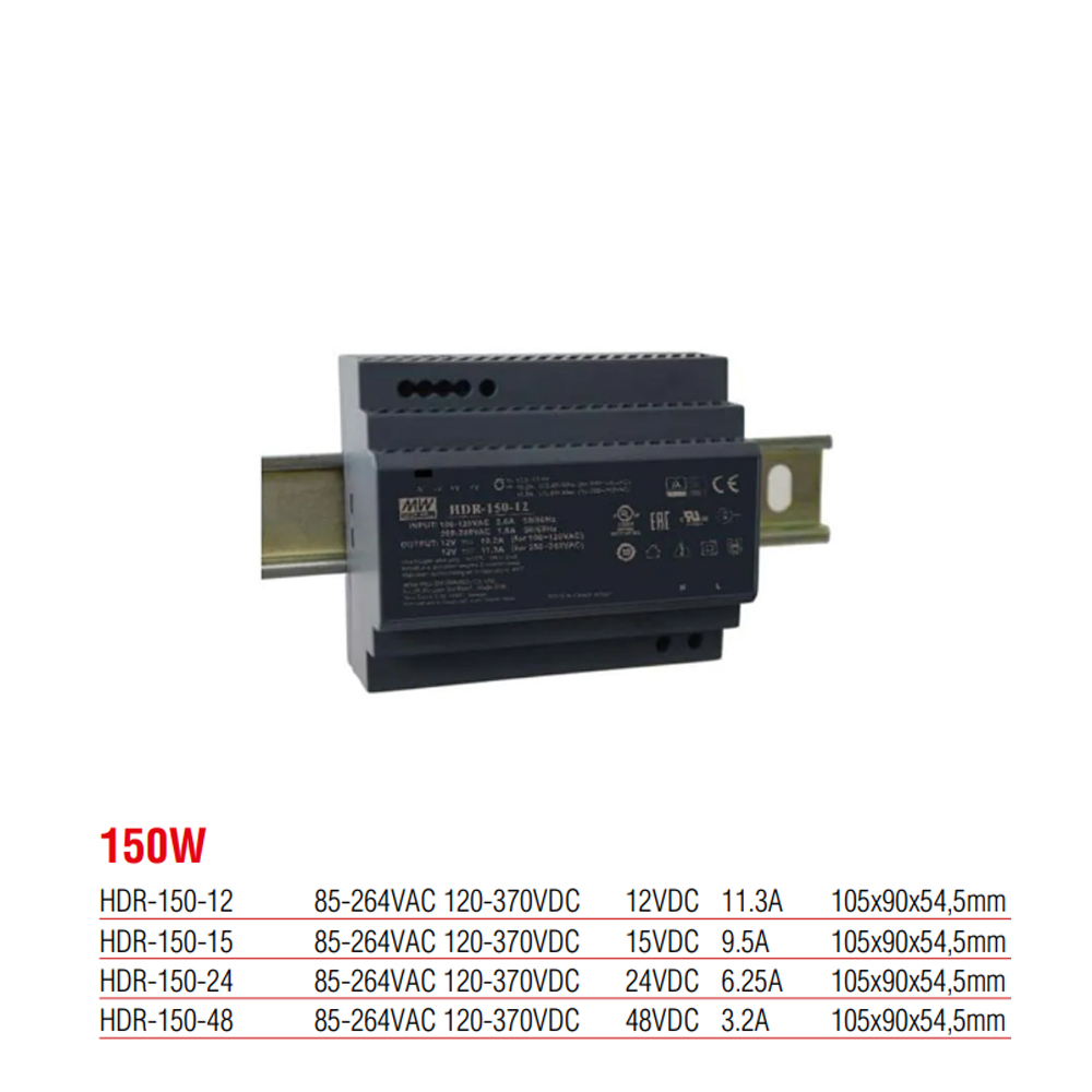 HDR-150-48  Meanwell 150 Watt 48 Vdc 3.2 Amper Plastik Kasa Ray Tipi Güç Kaynağı