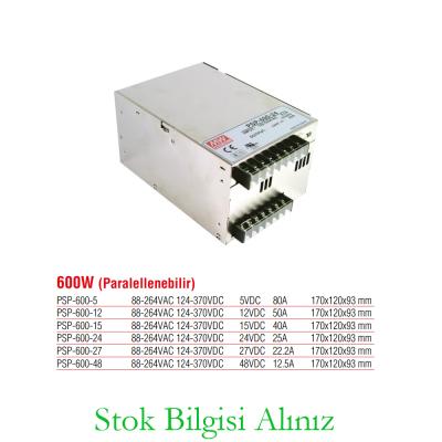 Meanwell PSP-600-12 Yüksek Verimli 600 Watt Paralellenebilir 12 Vdc 50 Amper Standart Güç Kaynağı